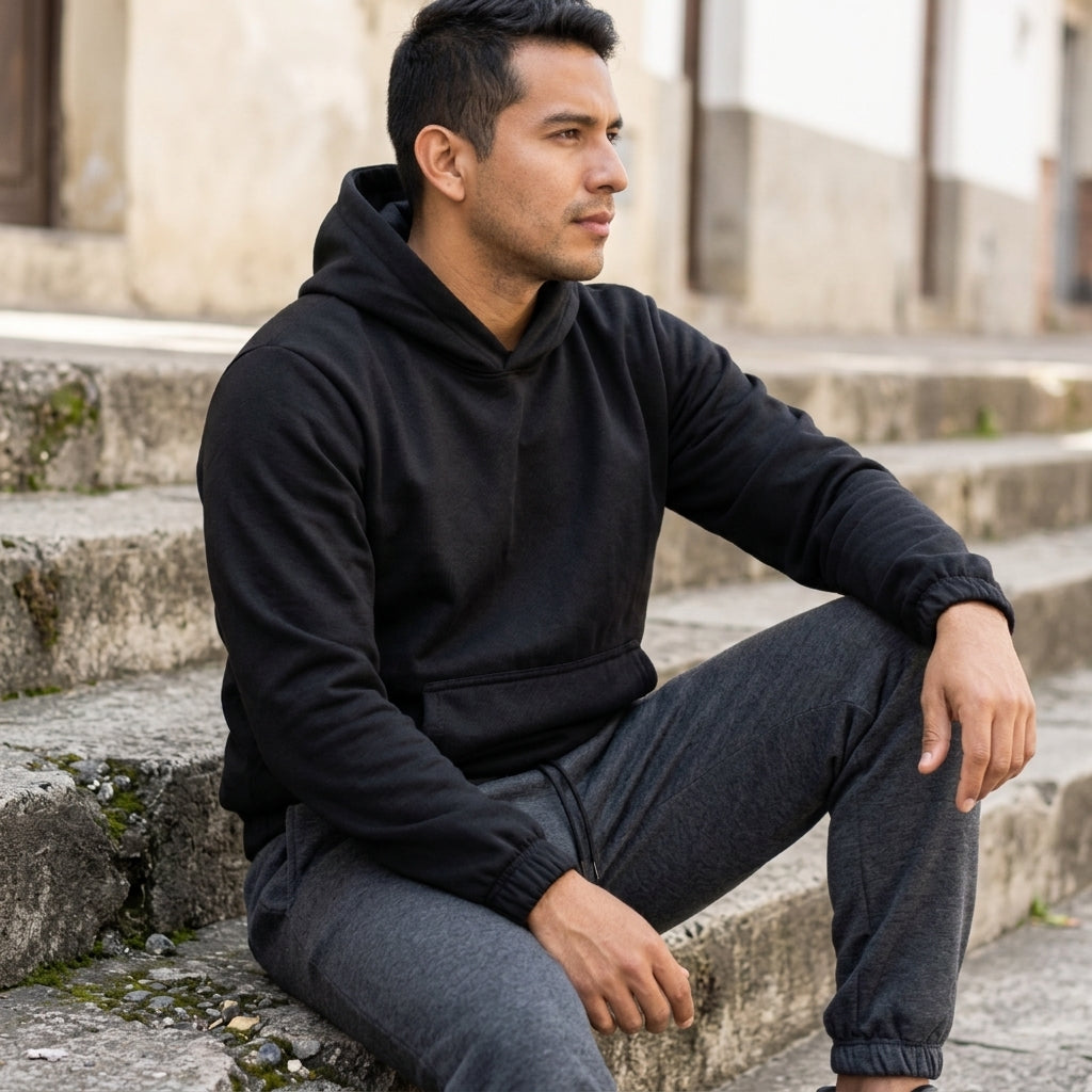 Hombre sentado con buzo con capota y jogger