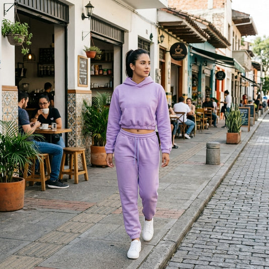 Kit urbano mujer buzo corto y jogger lila en la calle